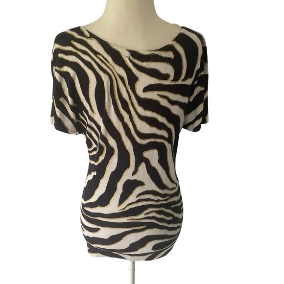 Cache Zebra Print Metallic Gold, Navy, & White Short Sleeve Sweater Small - Picture 5 of 13